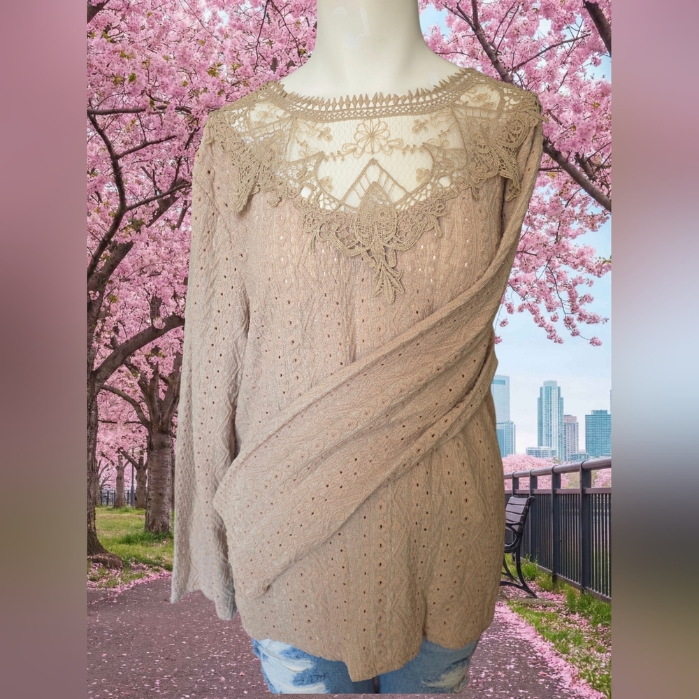 Y2K Boho Lace Blouse Fairycore Cottagecore Romantic Top Beige